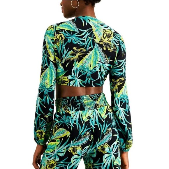 BAR III Floral Printed Black Tie Front Crop Top Long Sleeve Pants Set Sz XL/L - Picture 2 of 13